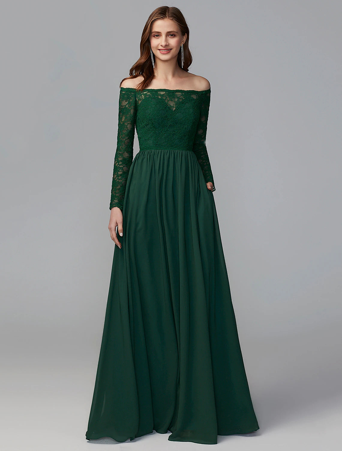 Abito da damigella d'onore a trapezio, con spalle scoperte, maniche lunghe, elegante, lunghezza pavimento, in chiffon/pizzo con pizzo